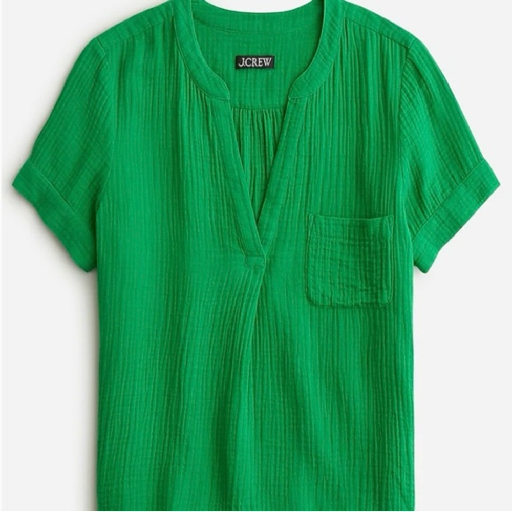 J.Crew Green Double Gauze Cotton Top V Neck Popover Short Sleeve Small